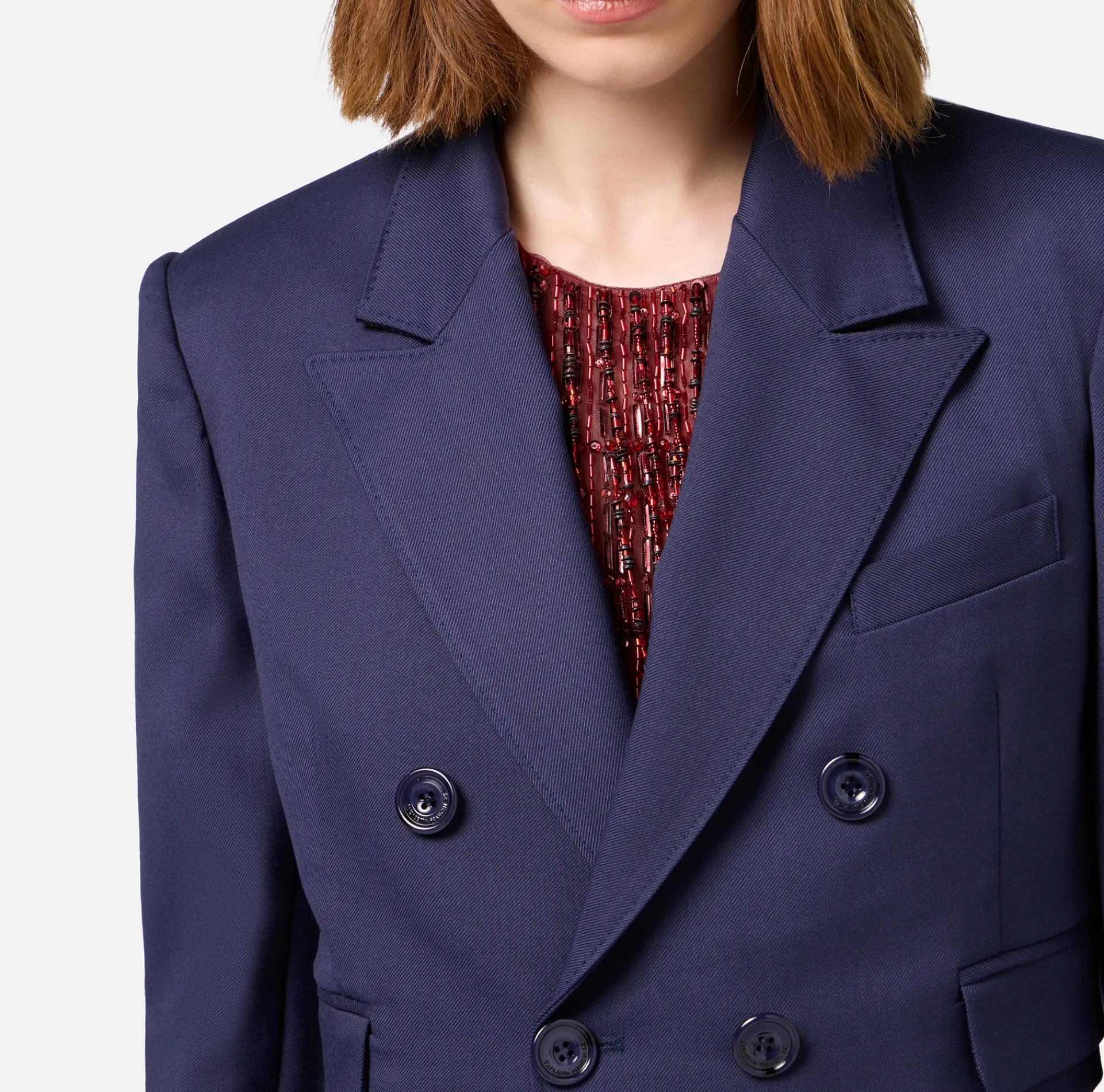 Elisabetta Franchi Jackets And Trench Coats|Cropped double-breasted jacket in cool wool Navy