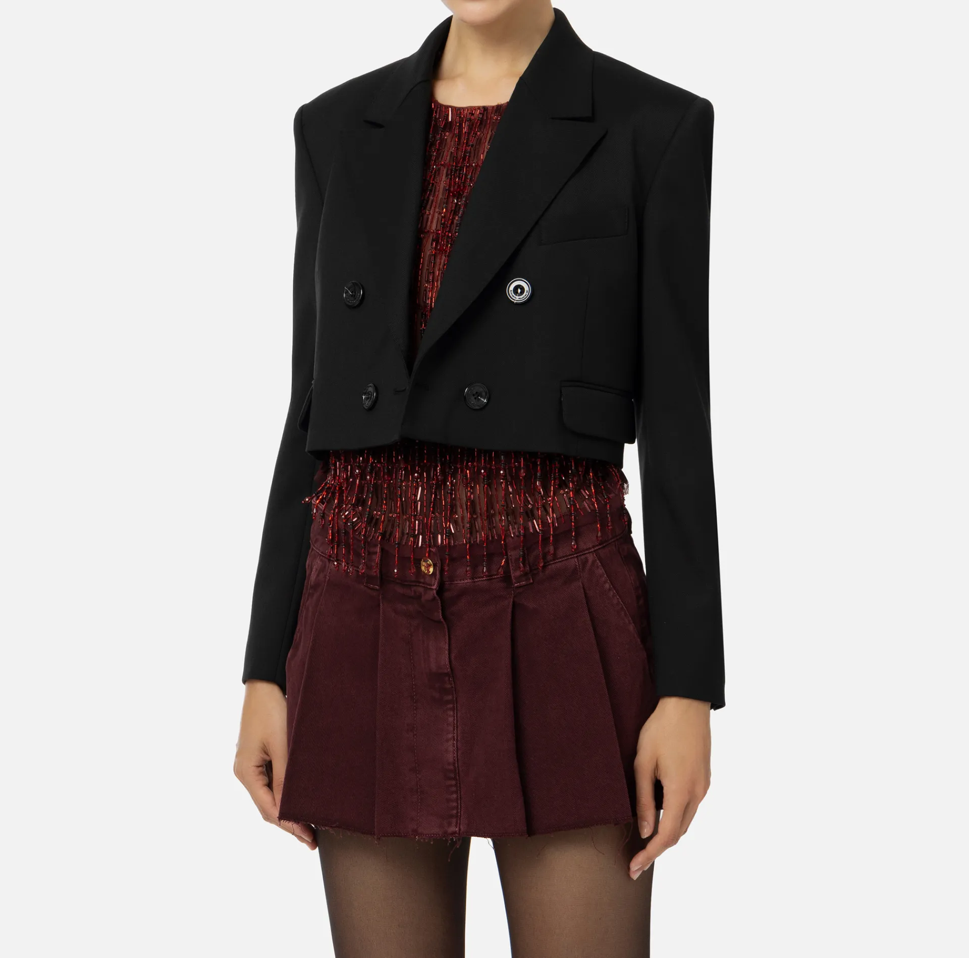 Elisabetta Franchi Jackets And Trench Coats|Cropped double-breasted jacket in cool wool Black