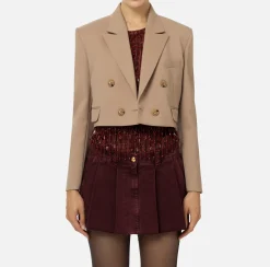Elisabetta Franchi Jackets And Trench Coats|Cropped double-breasted jacket in cool wool Camel