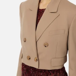 Elisabetta Franchi Jackets And Trench Coats|Cropped double-breasted jacket in cool wool Camel