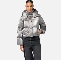 Elisabetta Franchi Coats And Jackets|Cropped down jacket in metallic effect nylon Steel