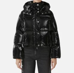 Elisabetta Franchi Coats And Jackets|Cropped down jacket in metallic effect nylon Black