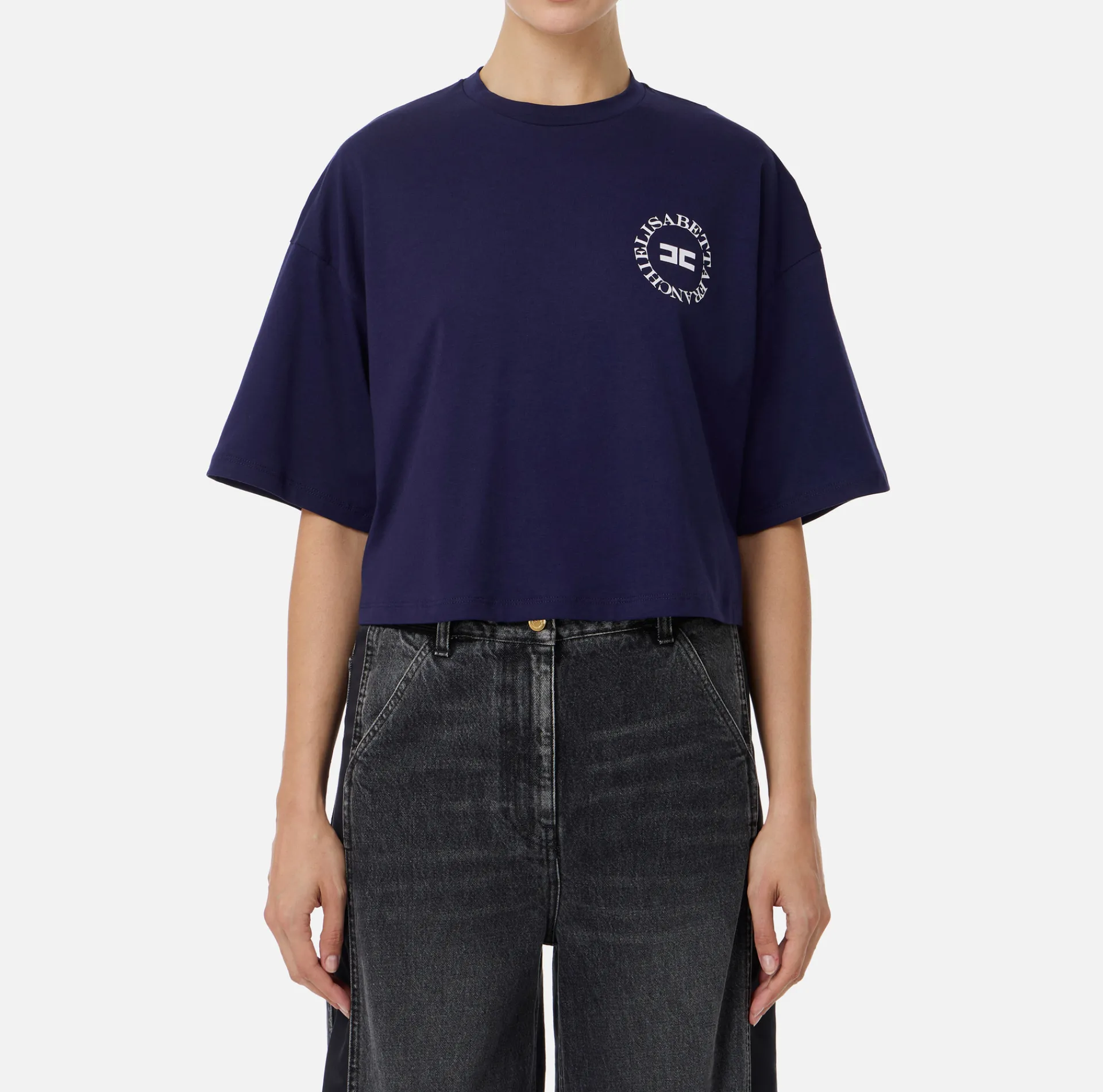 Elisabetta Franchi Top And T-Shirts|Cropped jersey T-shirt with logo Navy
