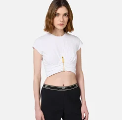 Elisabetta Franchi Top And T-Shirts|Cropped jersey T-shirt with zip Chalk