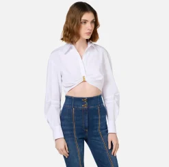 Elisabetta Franchi Shirts And Blouses|Cropped poplin shirt with draping and ring White
