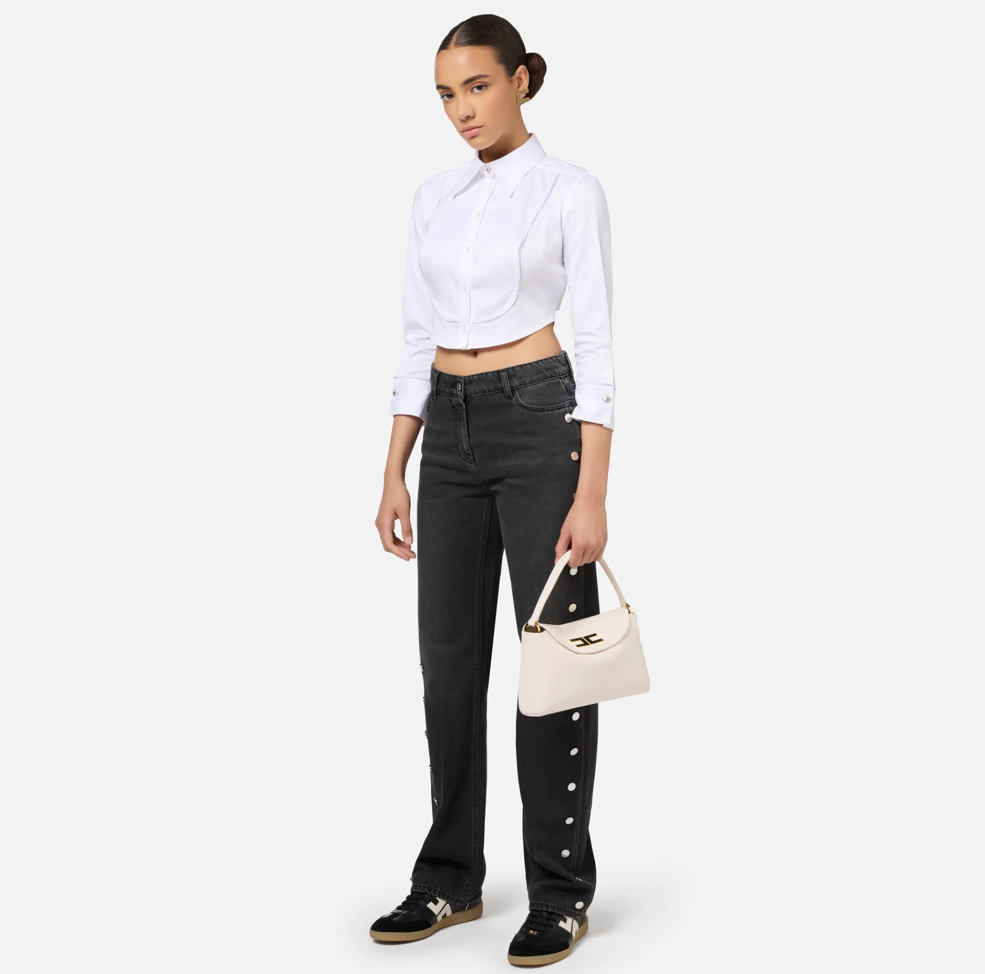Elisabetta Franchi Shirts And Blouses|Cropped poplin shirt with bib and logoed elastic band White
