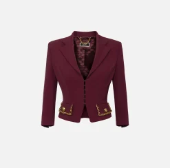 Elisabetta Franchi Jackets And Trench Coats|Tailleur|Cropped stretch crêpe jacket with chain RougeNoir