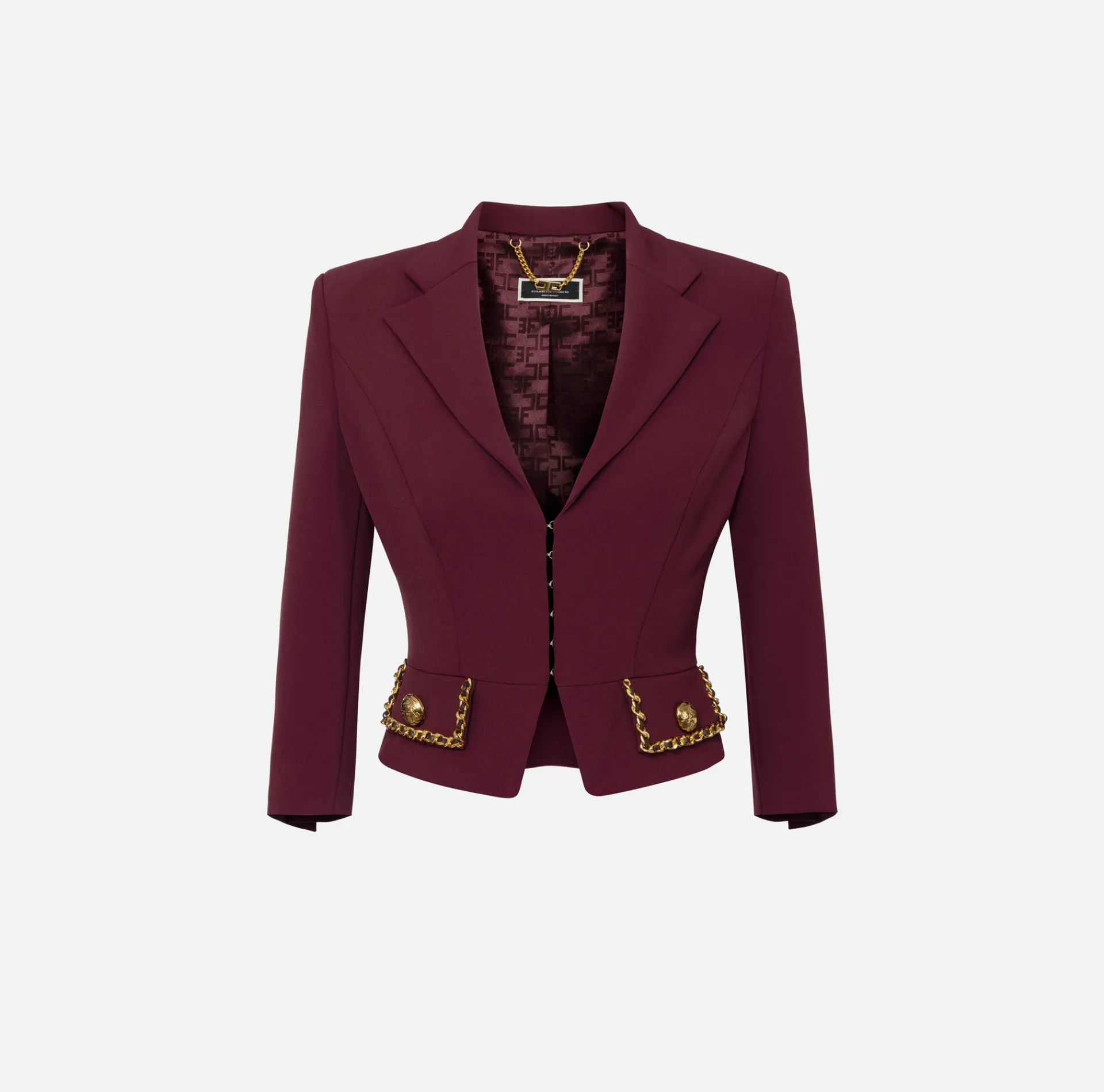 Elisabetta Franchi Jackets And Trench Coats|Tailleur|Cropped stretch crêpe jacket with chain RougeNoir