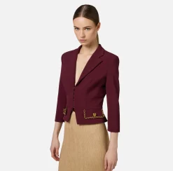 Elisabetta Franchi Jackets And Trench Coats|Tailleur|Cropped stretch crêpe jacket with chain RougeNoir
