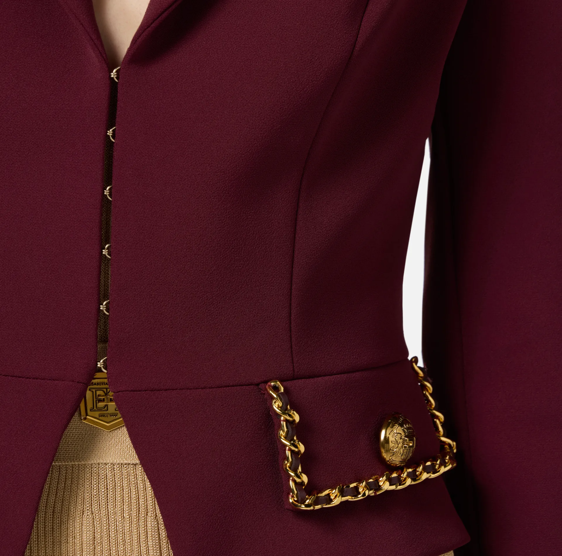 Elisabetta Franchi Jackets And Trench Coats|Tailleur|Cropped stretch crêpe jacket with chain RougeNoir