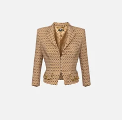Elisabetta Franchi Jackets And Trench Coats|Tailleur|Cropped stretch crêpe jacket with diamond print and chain Camel/Black