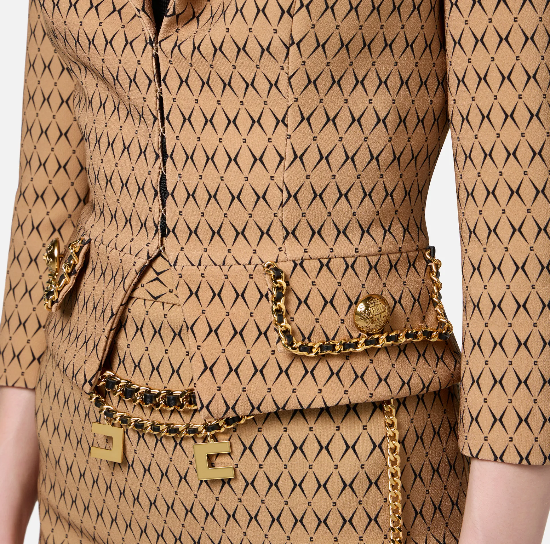 Elisabetta Franchi Jackets And Trench Coats|Tailleur|Cropped stretch crêpe jacket with diamond print and chain Camel/Black