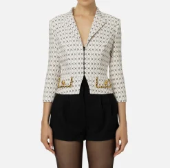 Elisabetta Franchi Jackets And Trench Coats|Tailleur|Cropped stretch crêpe jacket with diamond print and chain Butter/Black