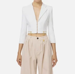 Elisabetta Franchi Jackets And Trench Coats|Cropped stretch crêpe jacket with zip Ivory