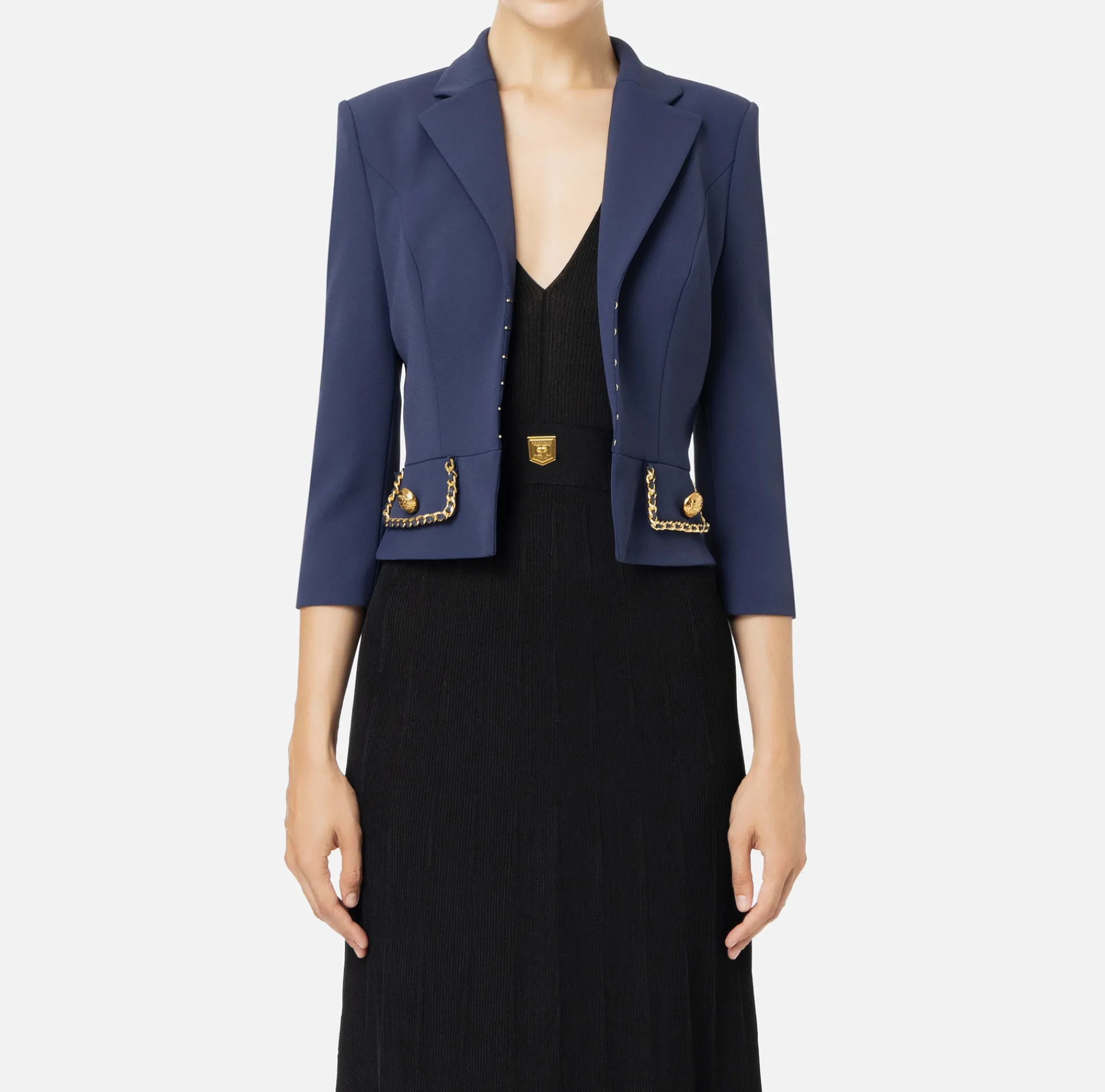 Elisabetta Franchi Jackets And Trench Coats|Tailleur|Cropped stretch crêpe jacket with chain Navy