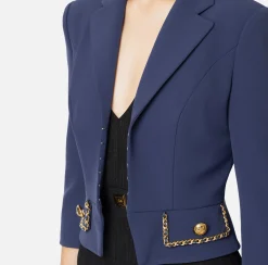 Elisabetta Franchi Jackets And Trench Coats|Tailleur|Cropped stretch crêpe jacket with chain Navy