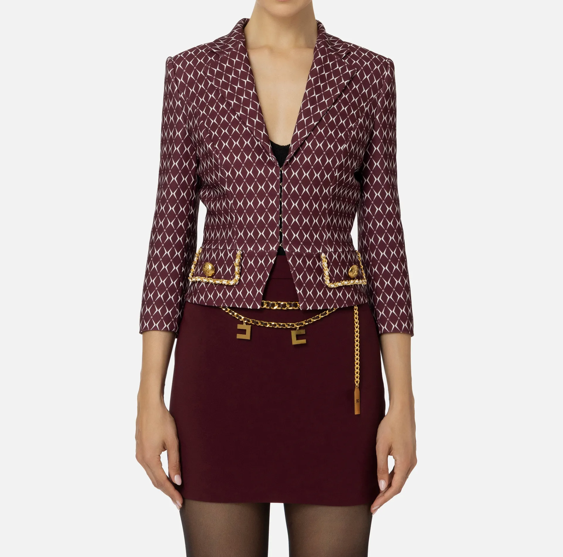 Elisabetta Franchi Jackets And Trench Coats|Tailleur|Cropped stretch crêpe jacket with diamond print and chain RougeNoir/Butter
