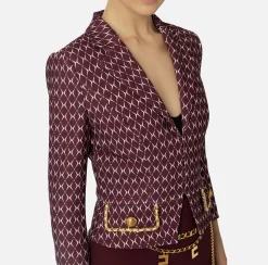 Elisabetta Franchi Jackets And Trench Coats|Tailleur|Cropped stretch crêpe jacket with diamond print and chain RougeNoir/Butter