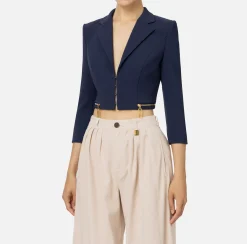 Elisabetta Franchi Jackets And Trench Coats|Cropped stretch crêpe jacket with zip Navy