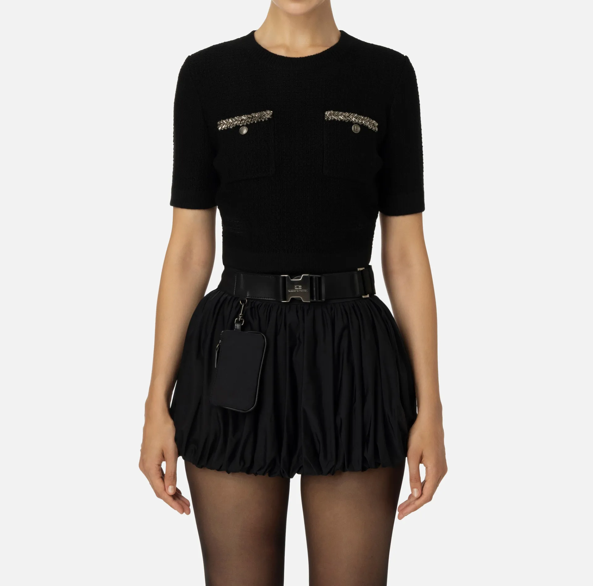 Elisabetta Franchi Knitwear And Sweatshirts|Cropped top in bouclé wool with embroidery Black