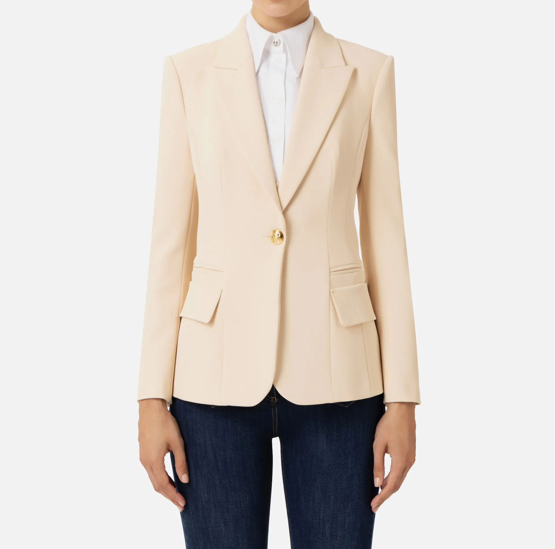 Elisabetta Franchi Jackets And Trench Coats|Crêpe blazer with peak lapels Cream