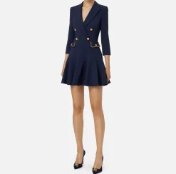 Elisabetta Franchi Mini Dresses|Coat Dresses|Crêpe coat dress with groumette chain Navy