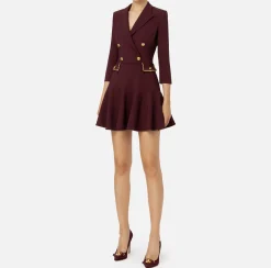 Elisabetta Franchi Mini Dresses|Coat Dresses|Crêpe coat dress with groumette chain RougeNoir