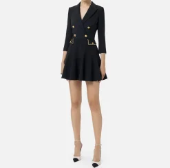 Elisabetta Franchi Mini Dresses|Coat Dresses|Crêpe coat dress with groumette chain Black