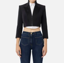Elisabetta Franchi Jackets And Trench Coats|Crêpe cropped jacket with satin lapels Black