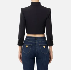 Elisabetta Franchi Jackets And Trench Coats|Crêpe cropped jacket with satin lapels Black
