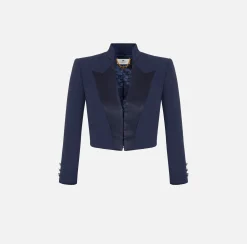 Elisabetta Franchi Jackets And Trench Coats|Crêpe cropped jacket with satin lapels Navy