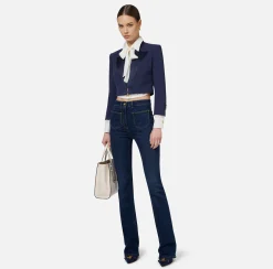 Elisabetta Franchi Jackets And Trench Coats|Crêpe cropped jacket with satin lapels Navy