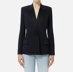 Elisabetta Franchi Jackets And Trench Coats|Crêpe double-breasted jacket with satin lapels Black