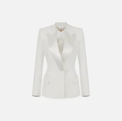 Elisabetta Franchi Jackets And Trench Coats|Crêpe double-breasted jacket with satin lapels Ivory