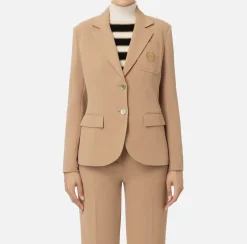 Elisabetta Franchi Jackets And Trench Coats|Crêpe jacket with emblem embroidery Camel