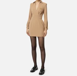 Elisabetta Franchi Mini Dresses|Dresses|Crêpe mini-dress with shirt and emblem embroidery Camel