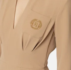 Elisabetta Franchi Mini Dresses|Dresses|Crêpe mini-dress with shirt and emblem embroidery Camel