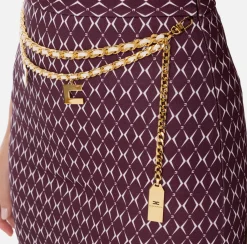 Elisabetta Franchi Tailleur|Skirts|Crêpe miniskirt with diamond print and chain RougeNoir/Butter