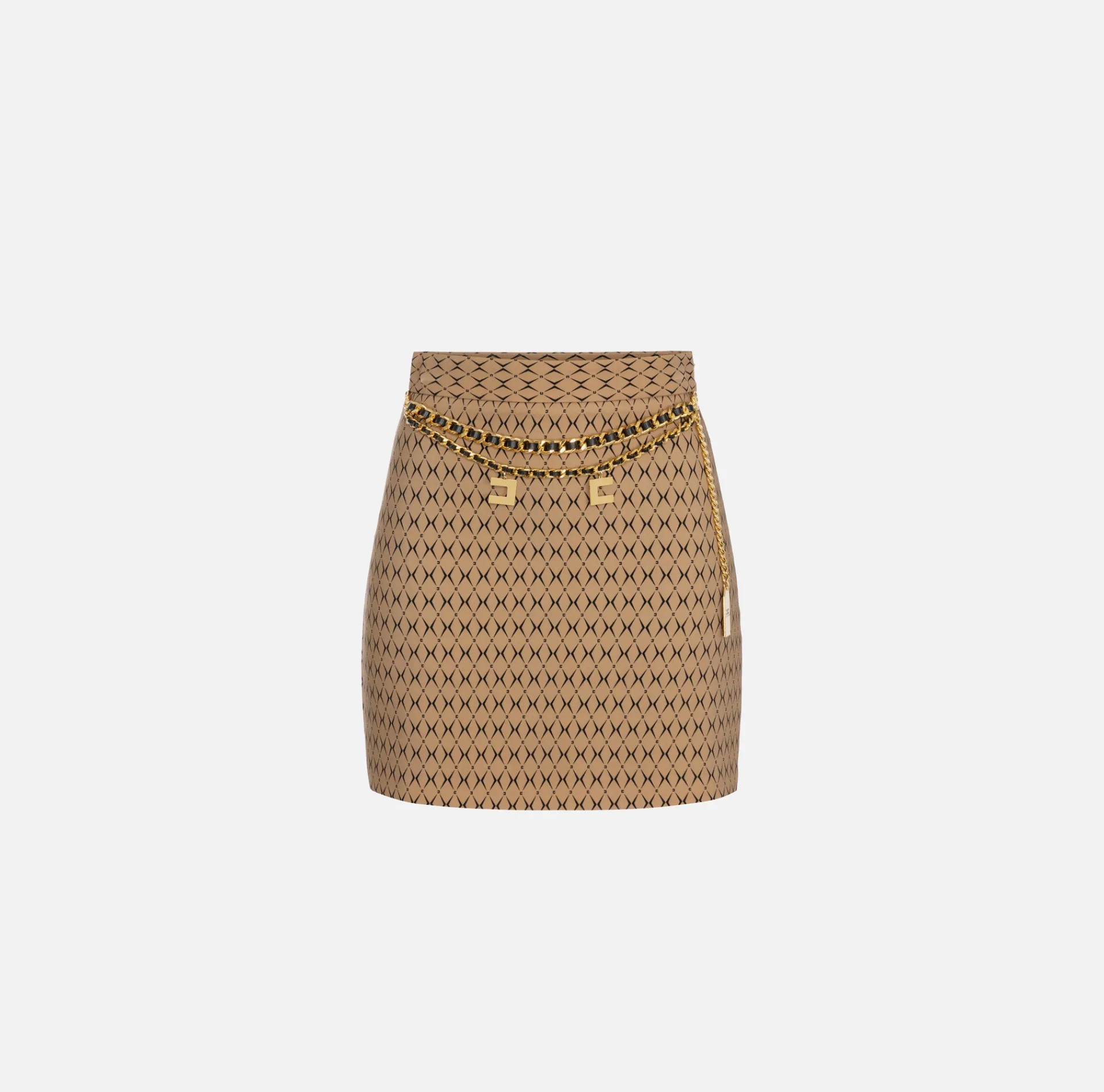 Elisabetta Franchi Tailleur|Skirts|Crêpe miniskirt with diamond print and chain Camel/Black