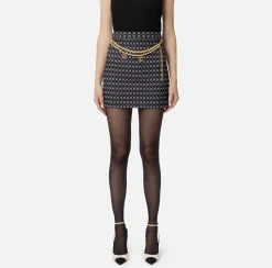 Elisabetta Franchi Tailleur|Skirts|Crêpe miniskirt with diamond print and chain Black/Butter