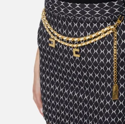 Elisabetta Franchi Tailleur|Skirts|Crêpe miniskirt with diamond print and chain Black/Butter