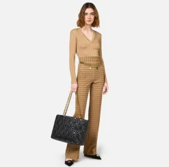 Elisabetta Franchi Trousers And Shorts|Tailleur|Crêpe palazzo trousers with diamond print and chain Camel/Black