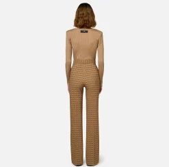 Elisabetta Franchi Trousers And Shorts|Tailleur|Crêpe palazzo trousers with diamond print and chain Camel/Black