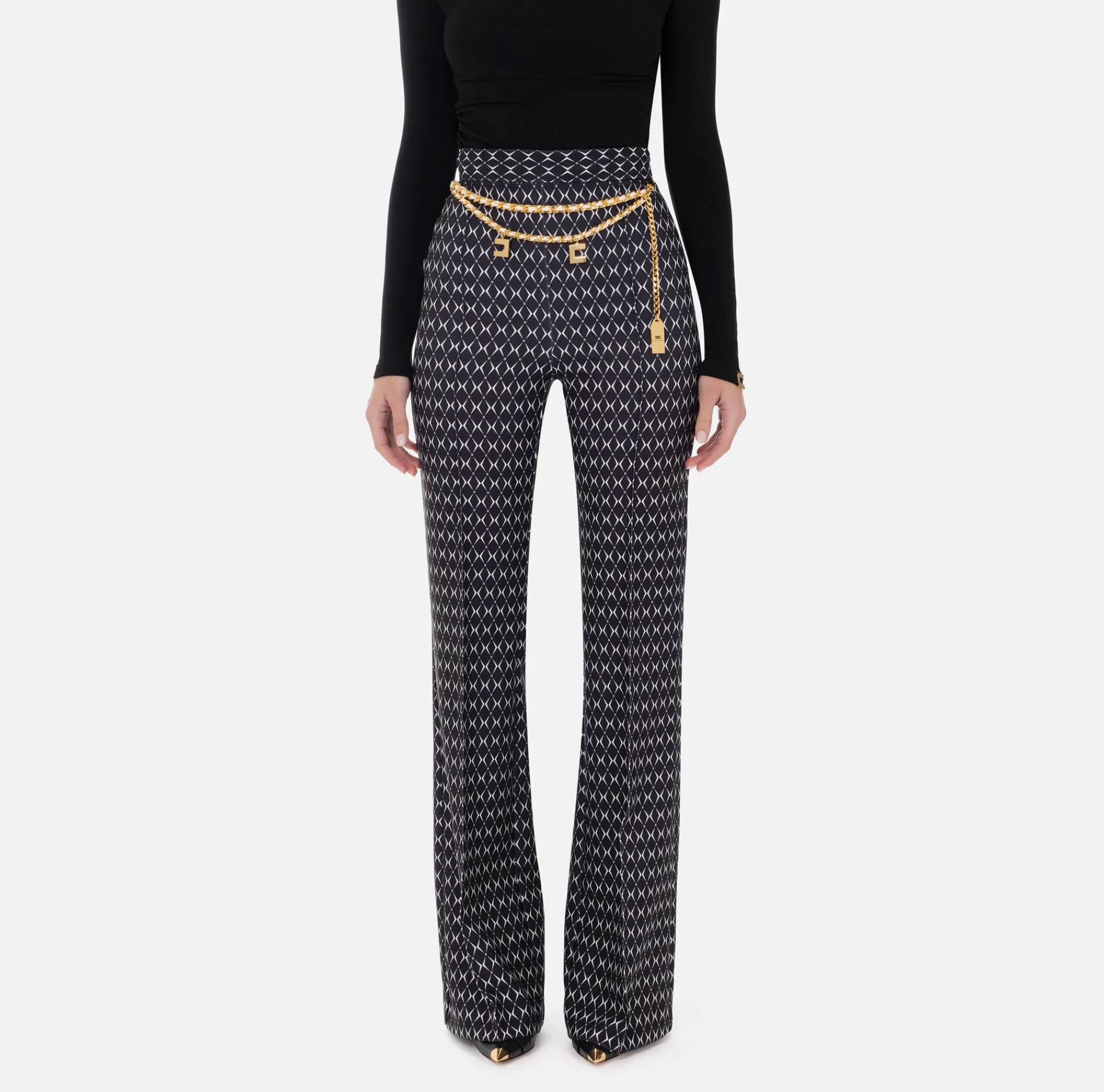 Elisabetta Franchi Trousers And Shorts|Tailleur|Crêpe palazzo trousers with diamond print and chain Black/Butter