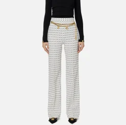 Elisabetta Franchi Trousers And Shorts|Tailleur|Crêpe palazzo trousers with diamond print and chain Butter/Black