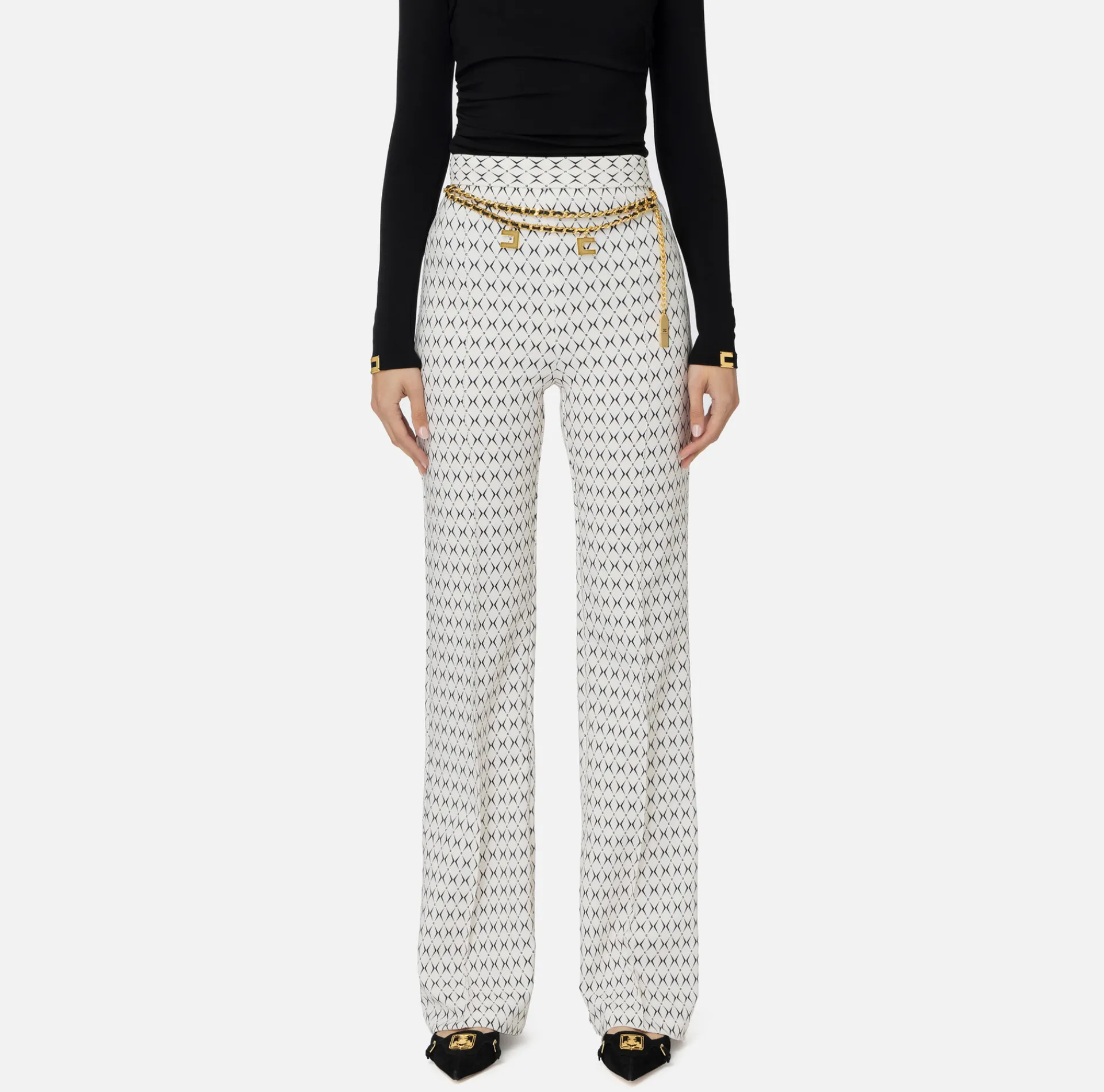 Elisabetta Franchi Trousers And Shorts|Tailleur|Crêpe palazzo trousers with diamond print and chain Butter/Black