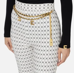 Elisabetta Franchi Trousers And Shorts|Tailleur|Crêpe palazzo trousers with diamond print and chain Butter/Black