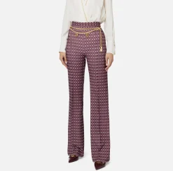 Elisabetta Franchi Trousers And Shorts|Tailleur|Crêpe palazzo trousers with diamond print and chain RougeNoir/Butter