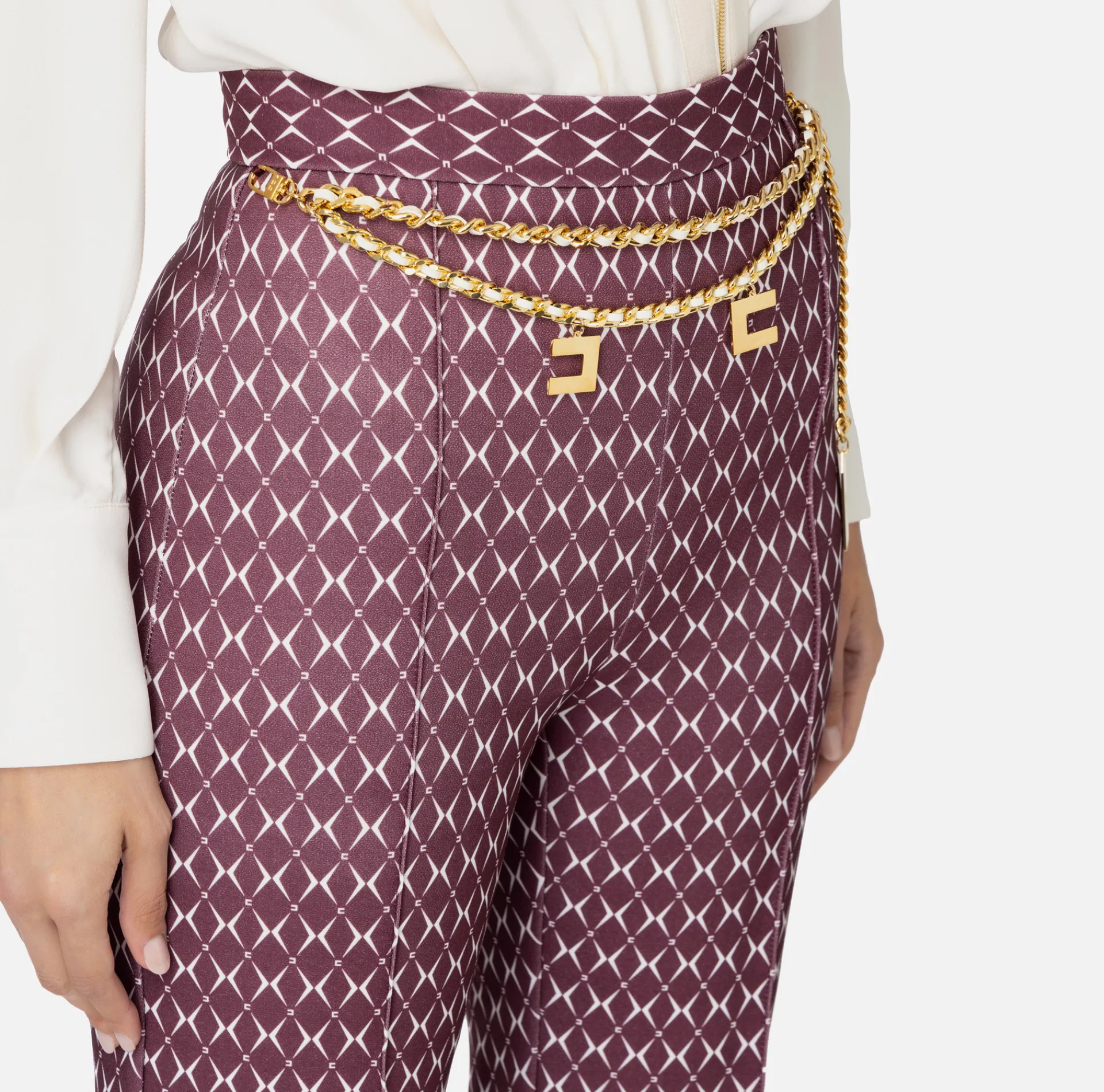 Elisabetta Franchi Trousers And Shorts|Tailleur|Crêpe palazzo trousers with diamond print and chain RougeNoir/Butter