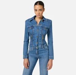 Elisabetta Franchi Jumpsuits|Denim jumpsuit with zip and shoulder pads DenimBlue